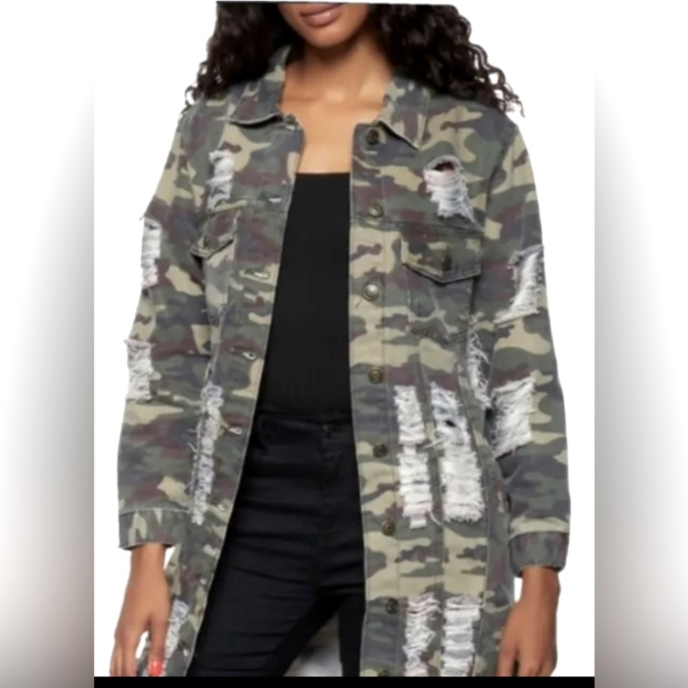 Camo distressed shacket